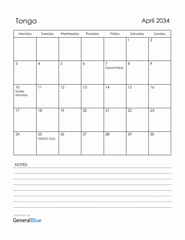 April 2034 Tonga Calendar with Holidays (Monday Start)