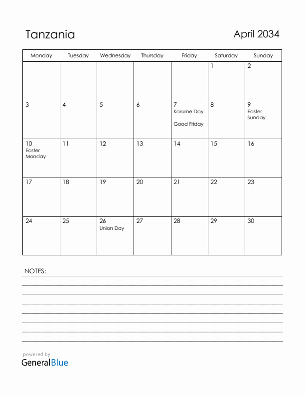 April 2034 Tanzania Calendar with Holidays (Monday Start)