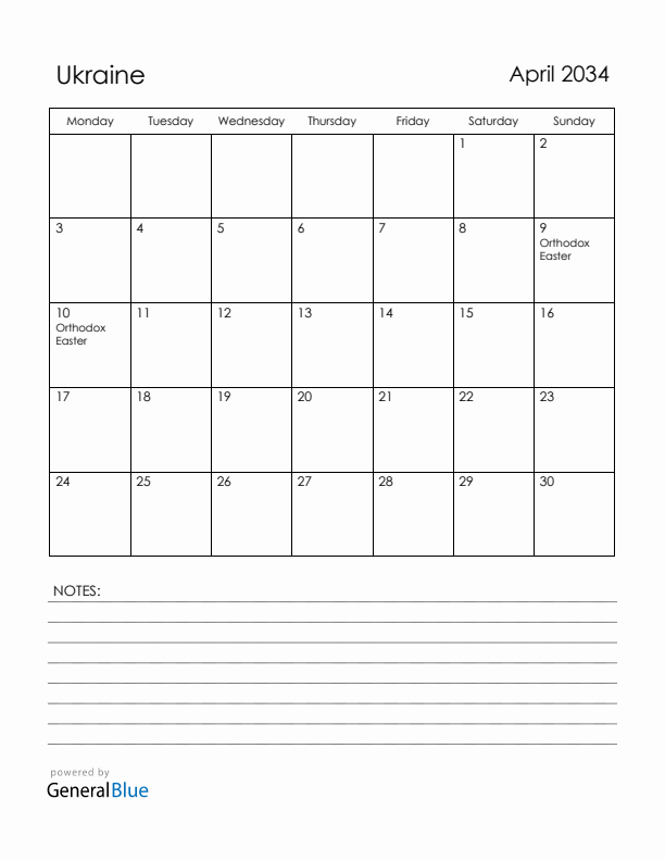 April 2034 Ukraine Calendar with Holidays (Monday Start)