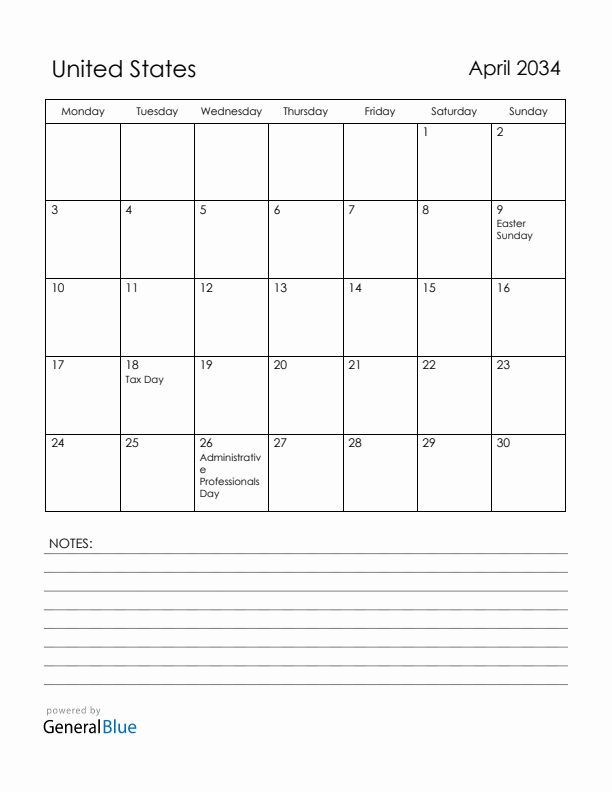 April 2034 United States Calendar with Holidays (Monday Start)