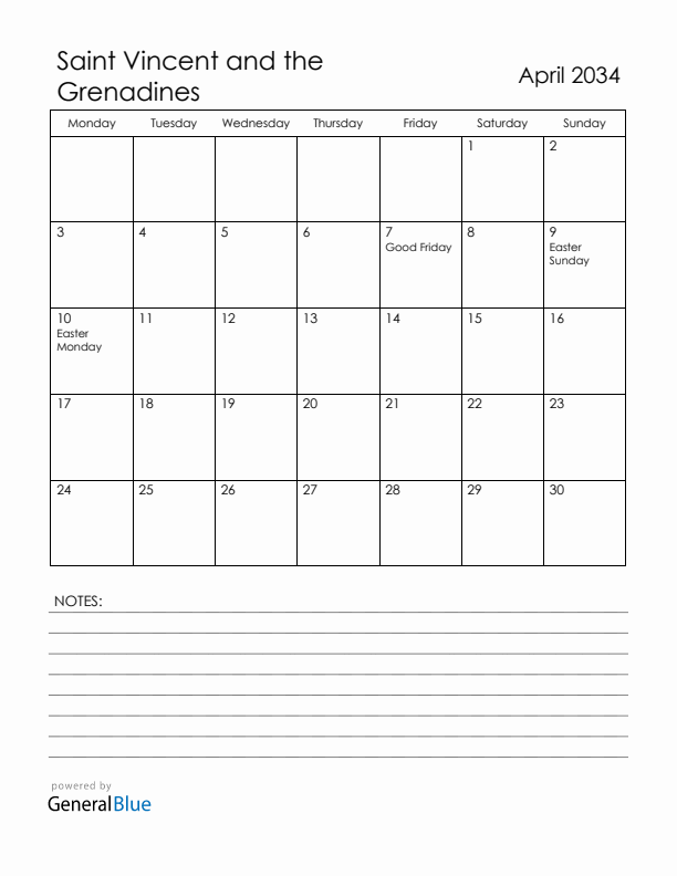 April 2034 Saint Vincent and the Grenadines Calendar with Holidays (Monday Start)