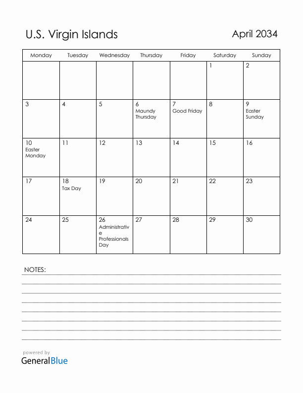 April 2034 U.S. Virgin Islands Calendar with Holidays (Monday Start)