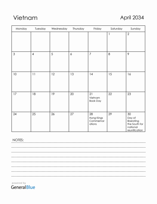April 2034 Vietnam Calendar with Holidays (Monday Start)