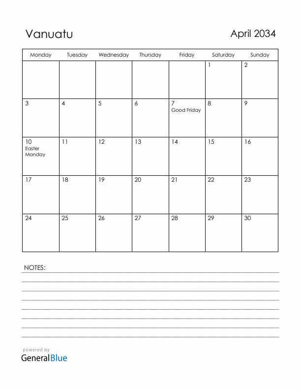 April 2034 Vanuatu Calendar with Holidays (Monday Start)