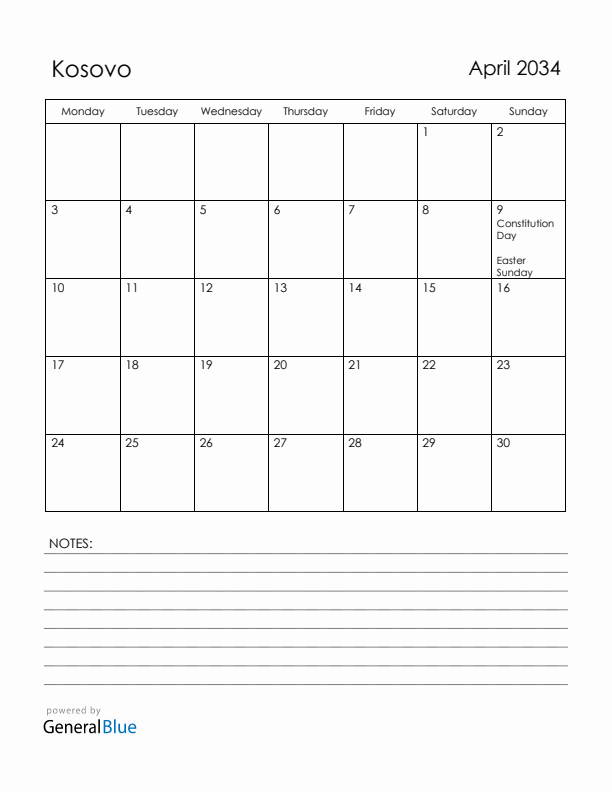 April 2034 Kosovo Calendar with Holidays (Monday Start)