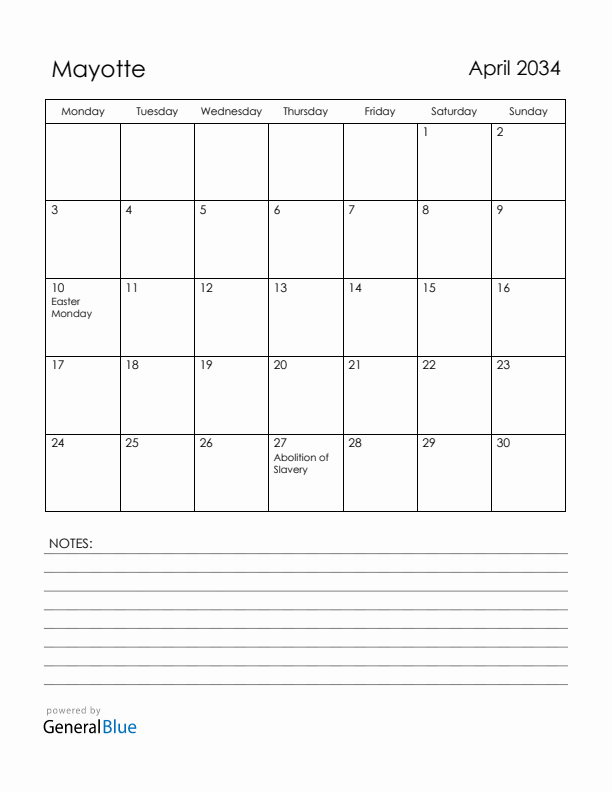 April 2034 Mayotte Calendar with Holidays (Monday Start)