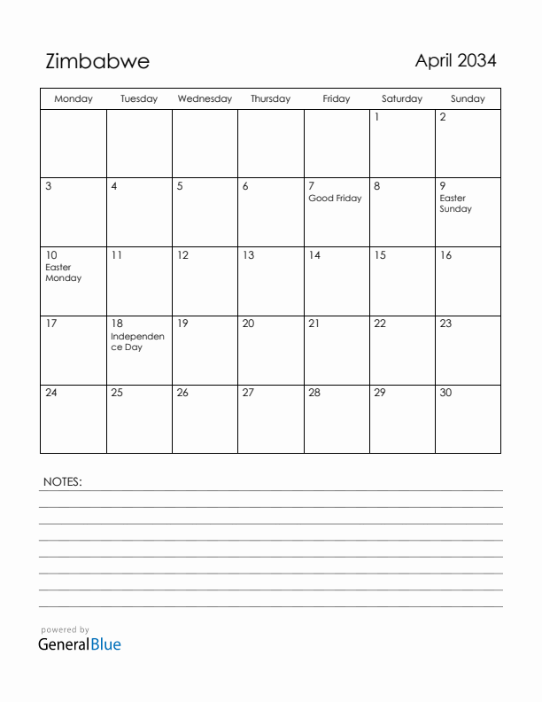 April 2034 Zimbabwe Calendar with Holidays (Monday Start)