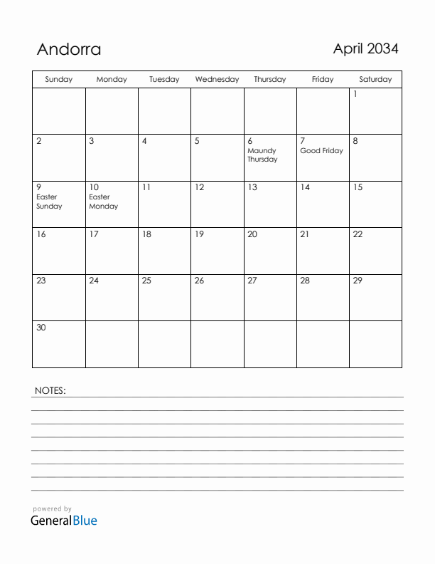 April 2034 Andorra Calendar with Holidays (Sunday Start)