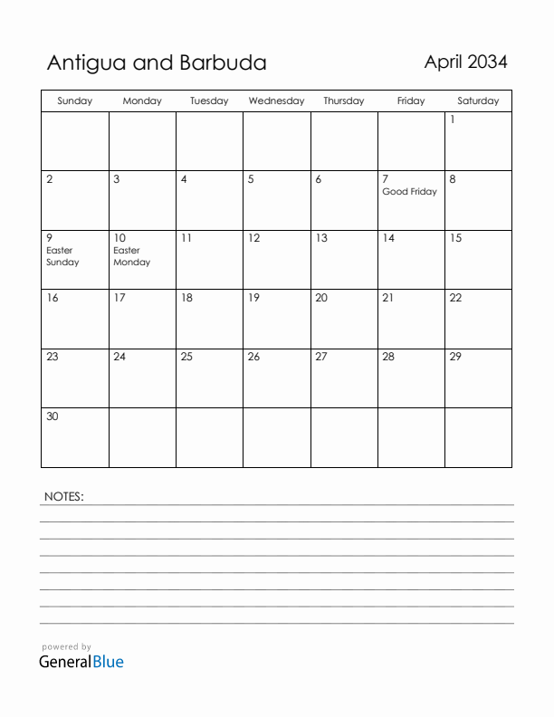 April 2034 Antigua and Barbuda Calendar with Holidays (Sunday Start)