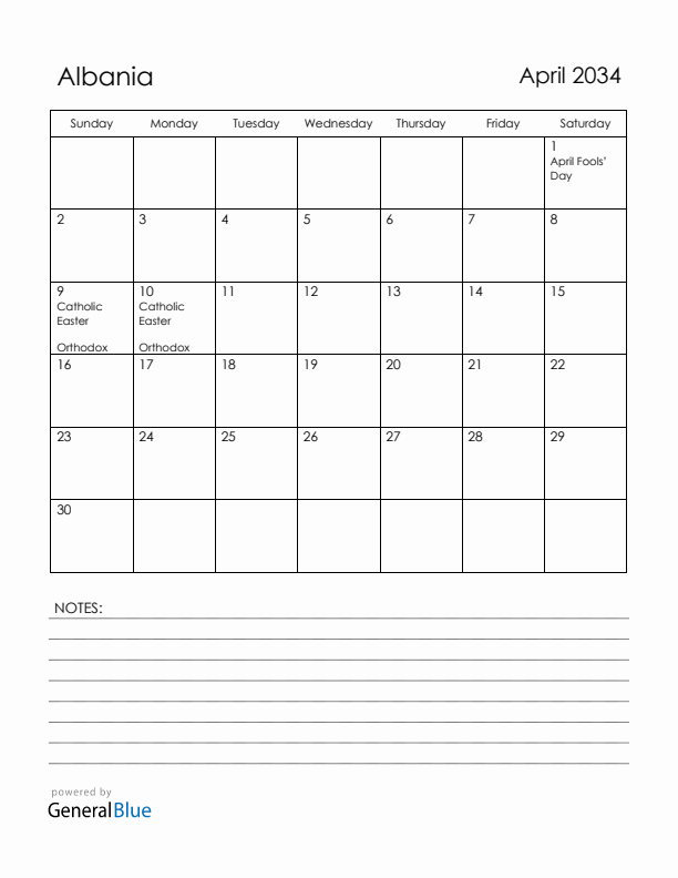 April 2034 Albania Calendar with Holidays (Sunday Start)