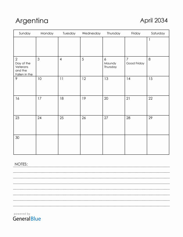 April 2034 Argentina Calendar with Holidays (Sunday Start)