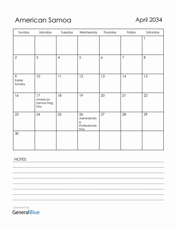 April 2034 American Samoa Calendar with Holidays (Sunday Start)