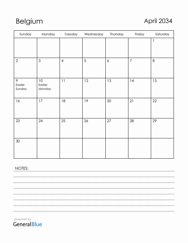 April 2034 Belgium Calendar with Holidays (Sunday Start)