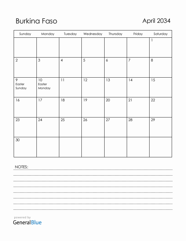 April 2034 Burkina Faso Calendar with Holidays (Sunday Start)