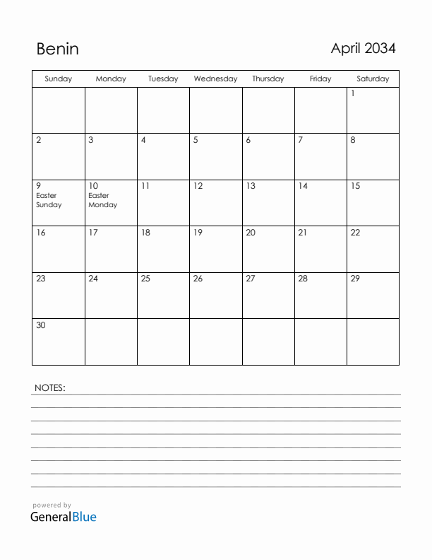 April 2034 Benin Calendar with Holidays (Sunday Start)