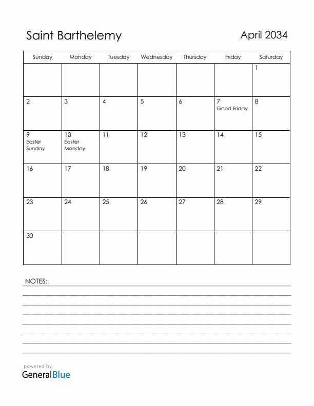 April 2034 Saint Barthelemy Calendar with Holidays (Sunday Start)