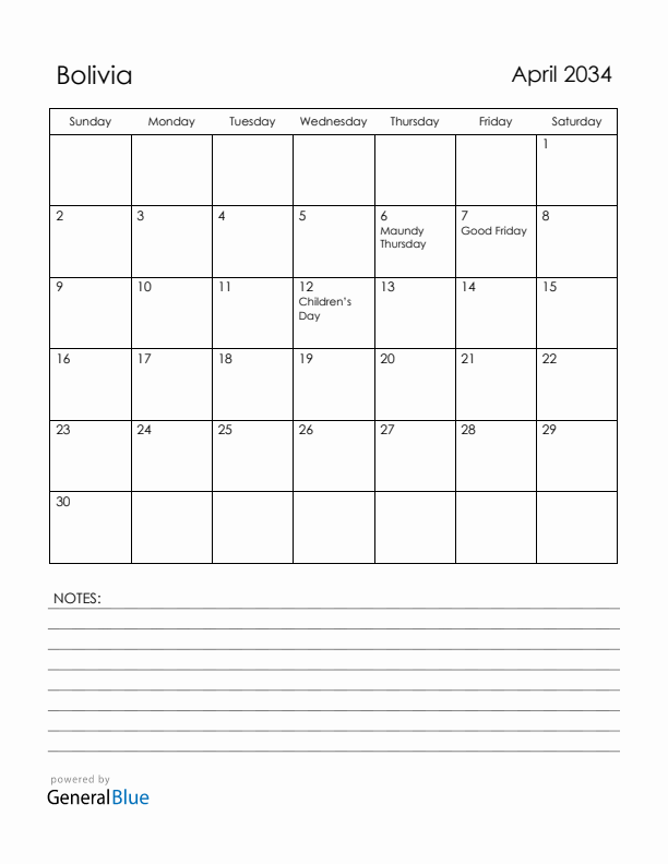 April 2034 Bolivia Calendar with Holidays (Sunday Start)