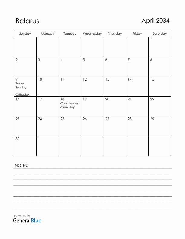 April 2034 Belarus Calendar with Holidays (Sunday Start)