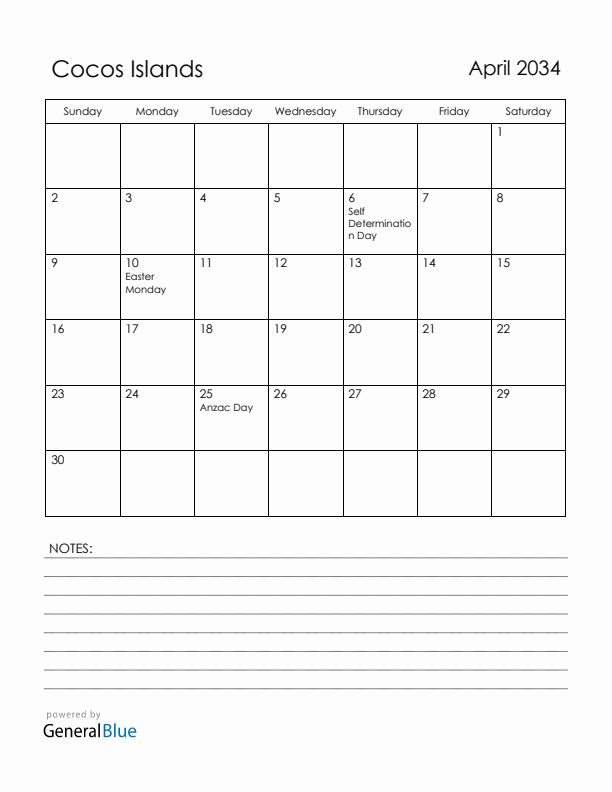 April 2034 Cocos Islands Calendar with Holidays (Sunday Start)