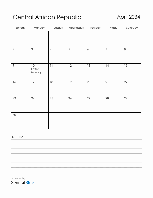 April 2034 Central African Republic Calendar with Holidays (Sunday Start)