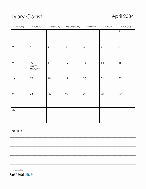 April 2034 Ivory Coast Calendar with Holidays (Sunday Start)