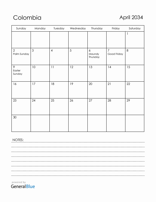 April 2034 Colombia Calendar with Holidays (Sunday Start)