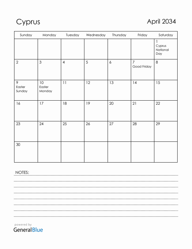 April 2034 Cyprus Calendar with Holidays (Sunday Start)