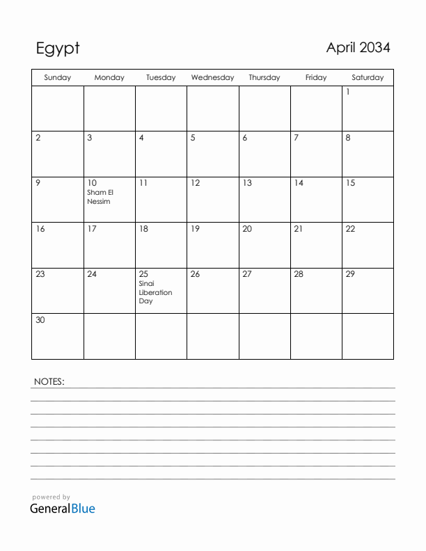 April 2034 Egypt Calendar with Holidays (Sunday Start)