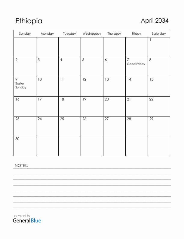 April 2034 Ethiopia Calendar with Holidays (Sunday Start)