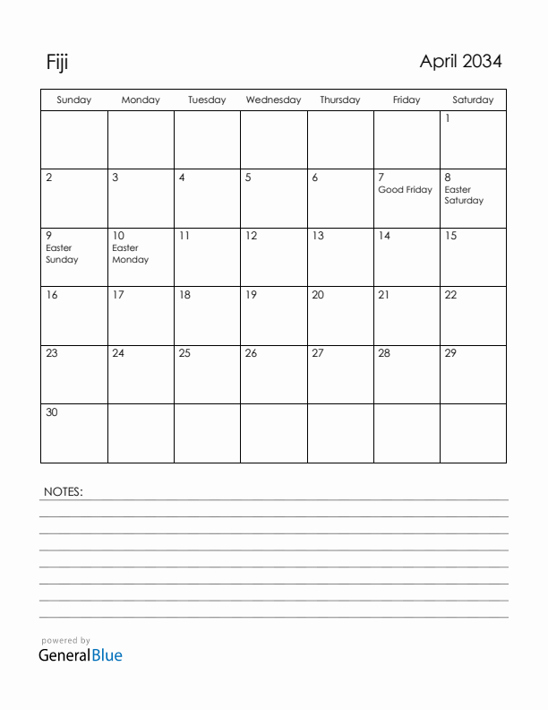April 2034 Fiji Calendar with Holidays (Sunday Start)