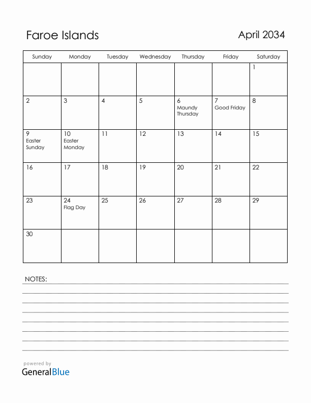 April 2034 Faroe Islands Calendar with Holidays (Sunday Start)