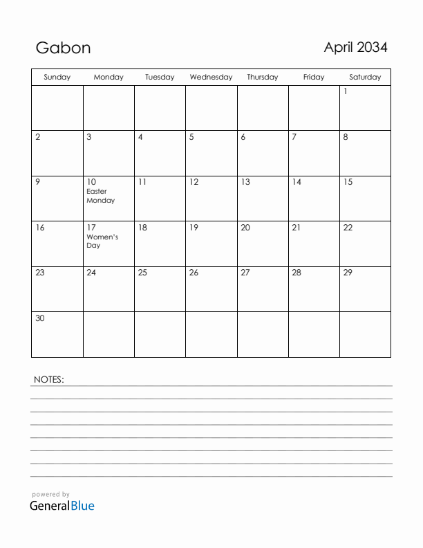 April 2034 Gabon Calendar with Holidays (Sunday Start)
