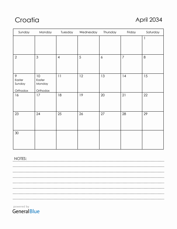 April 2034 Croatia Calendar with Holidays (Sunday Start)