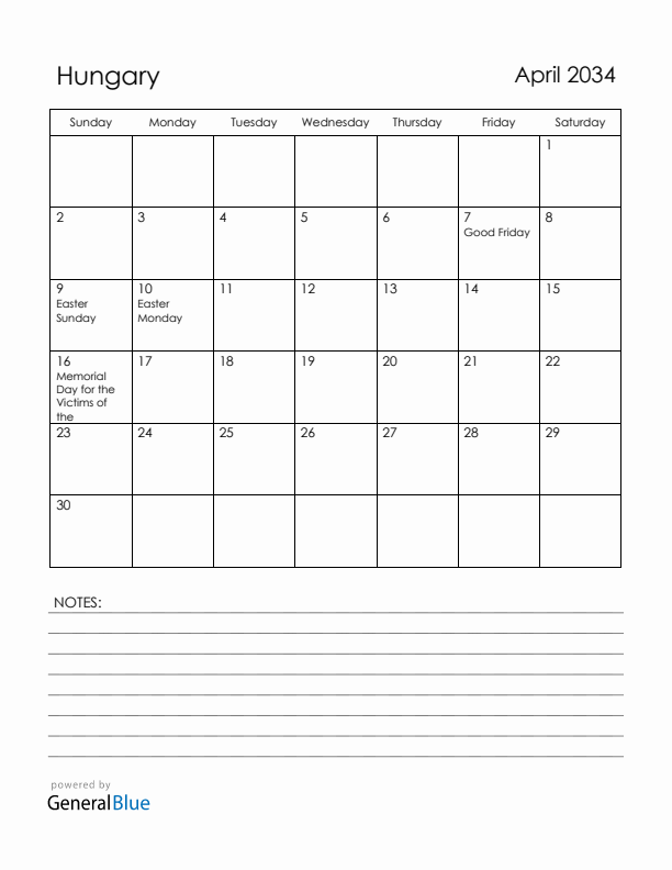 April 2034 Hungary Calendar with Holidays (Sunday Start)