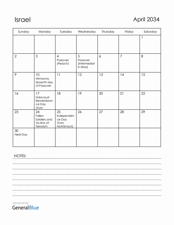 April 2034 Israel Calendar with Holidays (Sunday Start)