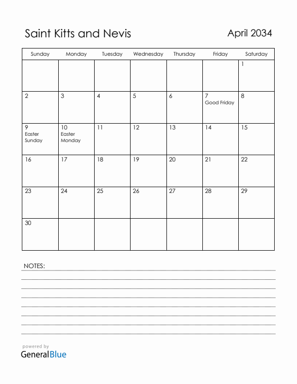 April 2034 Saint Kitts and Nevis Calendar with Holidays (Sunday Start)