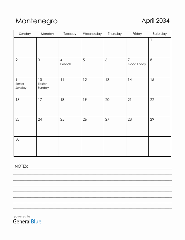 April 2034 Montenegro Calendar with Holidays (Sunday Start)