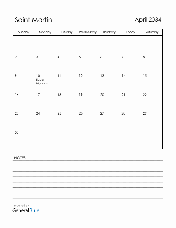 April 2034 Saint Martin Calendar with Holidays (Sunday Start)