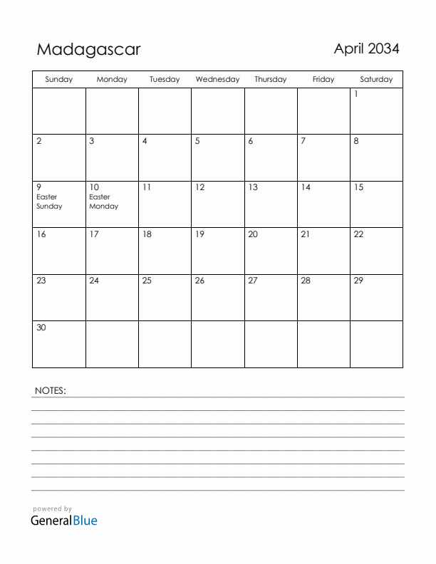 April 2034 Madagascar Calendar with Holidays (Sunday Start)