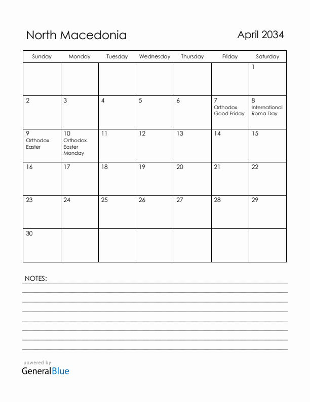 April 2034 North Macedonia Calendar with Holidays (Sunday Start)