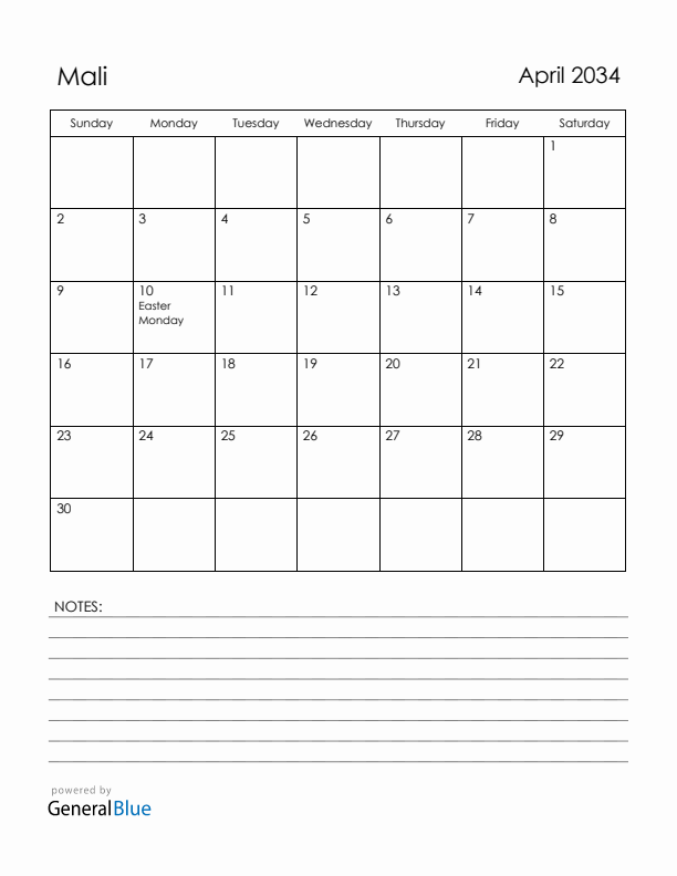 April 2034 Mali Calendar with Holidays (Sunday Start)
