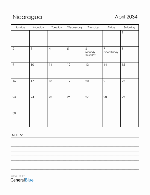 April 2034 Nicaragua Calendar with Holidays (Sunday Start)
