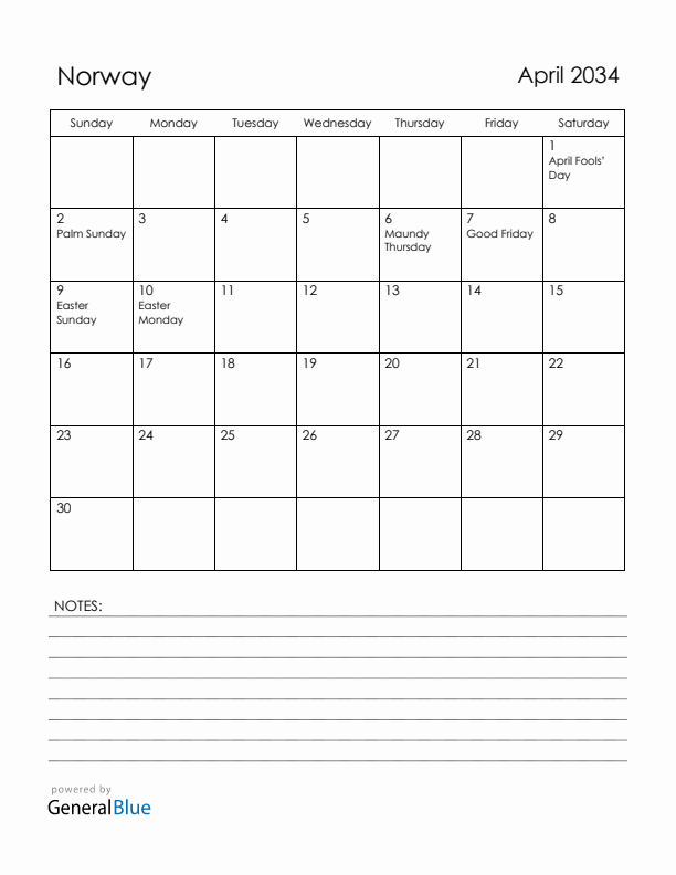 April 2034 Norway Calendar with Holidays (Sunday Start)