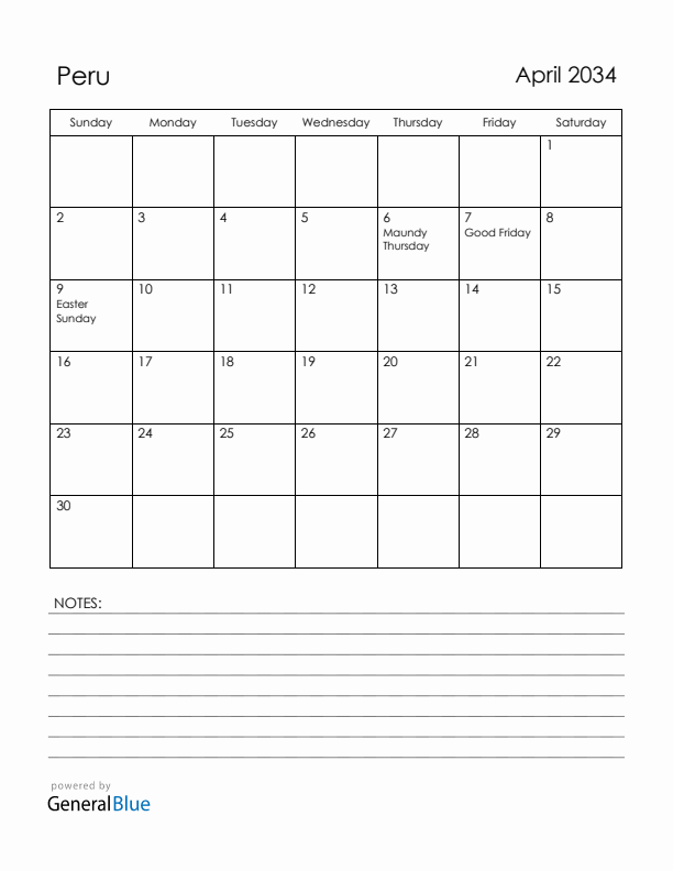 April 2034 Peru Calendar with Holidays (Sunday Start)