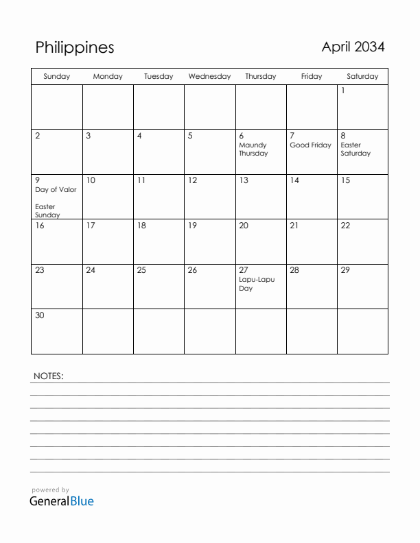 April 2034 Philippines Calendar with Holidays (Sunday Start)