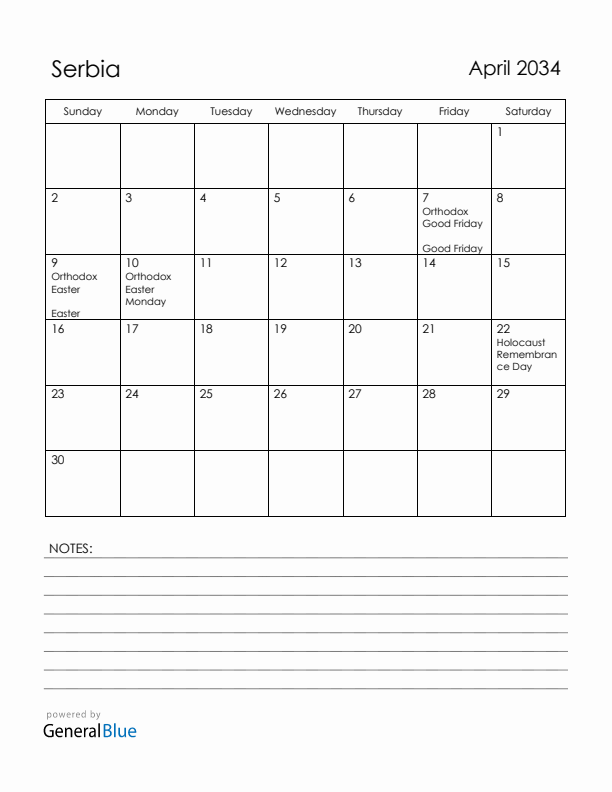 April 2034 Serbia Calendar with Holidays (Sunday Start)