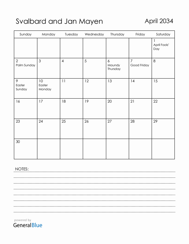 April 2034 Svalbard and Jan Mayen Calendar with Holidays (Sunday Start)