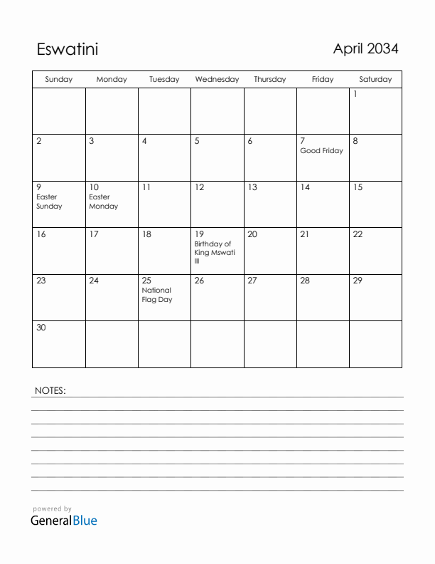 April 2034 Eswatini Calendar with Holidays (Sunday Start)