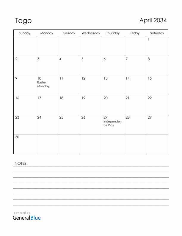 April 2034 Togo Calendar with Holidays (Sunday Start)