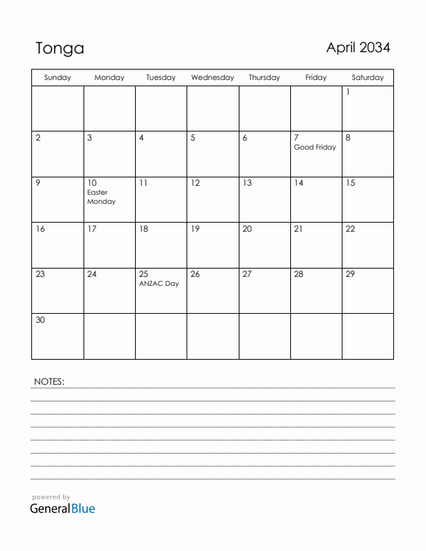 April 2034 Tonga Calendar with Holidays (Sunday Start)